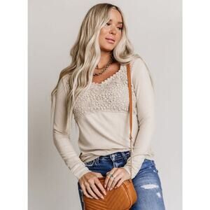 NEW! Davi & Dani Crochet Beige Lace Long Sleeve Top, NWT, Plus Size 1XL